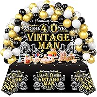 Hsypti 40th Vintage Man Party Decorations, 3-in-1 Black Gold Vintage Party Supplies, Vintage Man Tablecloth and Backdrop Banner, 50Pcs Balloons