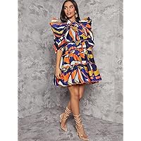 Dresses for Women - Allover Print Ruffle Hem Dress (Color : Multicolor, Size : Medium)