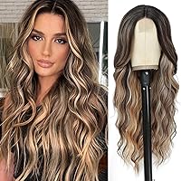 NAYOO Long wavy Wigs for Women Middle Part Wavy Curly Wig with Dark Roots Synthetic Heat Resistant Fiber Women Wigs for Daily Party Use (Brown with Blonde)