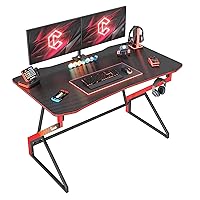 CubiCubi Simple Gaming Desk Z Shaped 47 inch Gamer Workstation, Home Computer Carbon Fiber Surface Gaming Desk PC Table with Headphone Hook