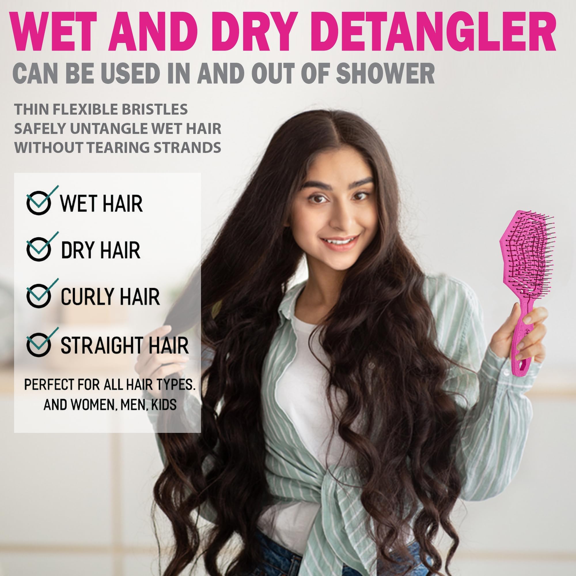 Fiora Naturals Hair Detangling Brush -100% Bio-Friendly Detangler hair brush w/Ultra-soft Bristles- Glide Through Tangles with Ease, (Green & Pink)