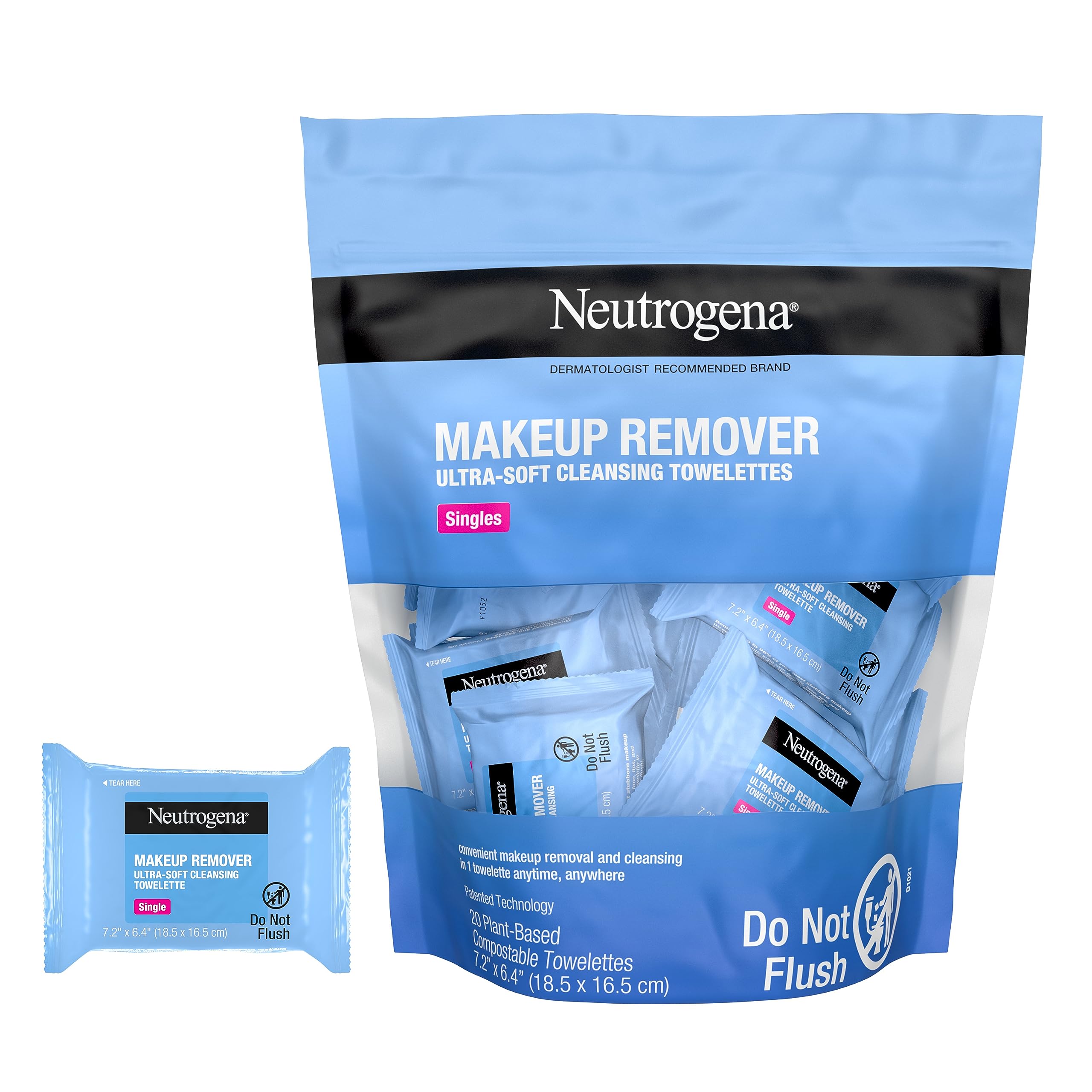 Neutrogena Makeup Remover Wipes Singles, Daily Facial Cleanser Towelettes, Gently Removes Oil & Makeup, Alcohol-Free Makeup Wipes, Individually Wrapped, 20 ct