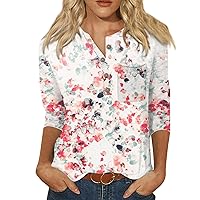 UOFOCO 2024 Summer New Floral Print 3/4 Length Sleeve Womens Tops Shirts Trendy Blouses Tees Button V Neck Basic T Shirts