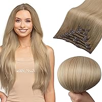 Full Shine Clip in Human Hair Extensions Ombre Light Brown to Butter Blonde Mix Platinum Blonde Balayage Real Human Hair Clip in Extensions 20 Inch Full Head Set 7pcs/120g