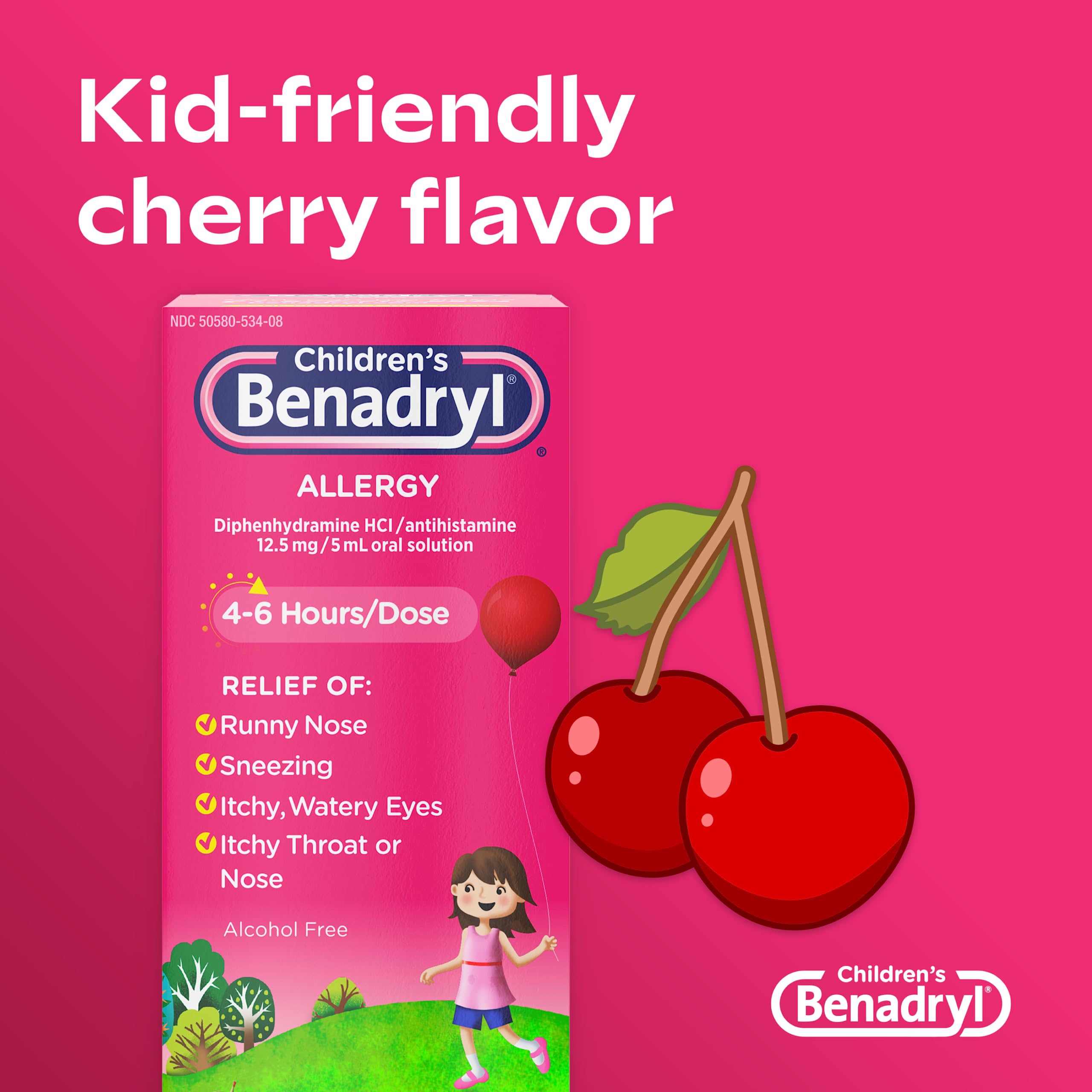 Benadryl Children's Allergy Relief Liquid Medicine with Diphenhydramine HCl Antihistamine for Kids' Allergy Relief, Effective Allergy Relief, Cherry Flavor, 8 fl. oz