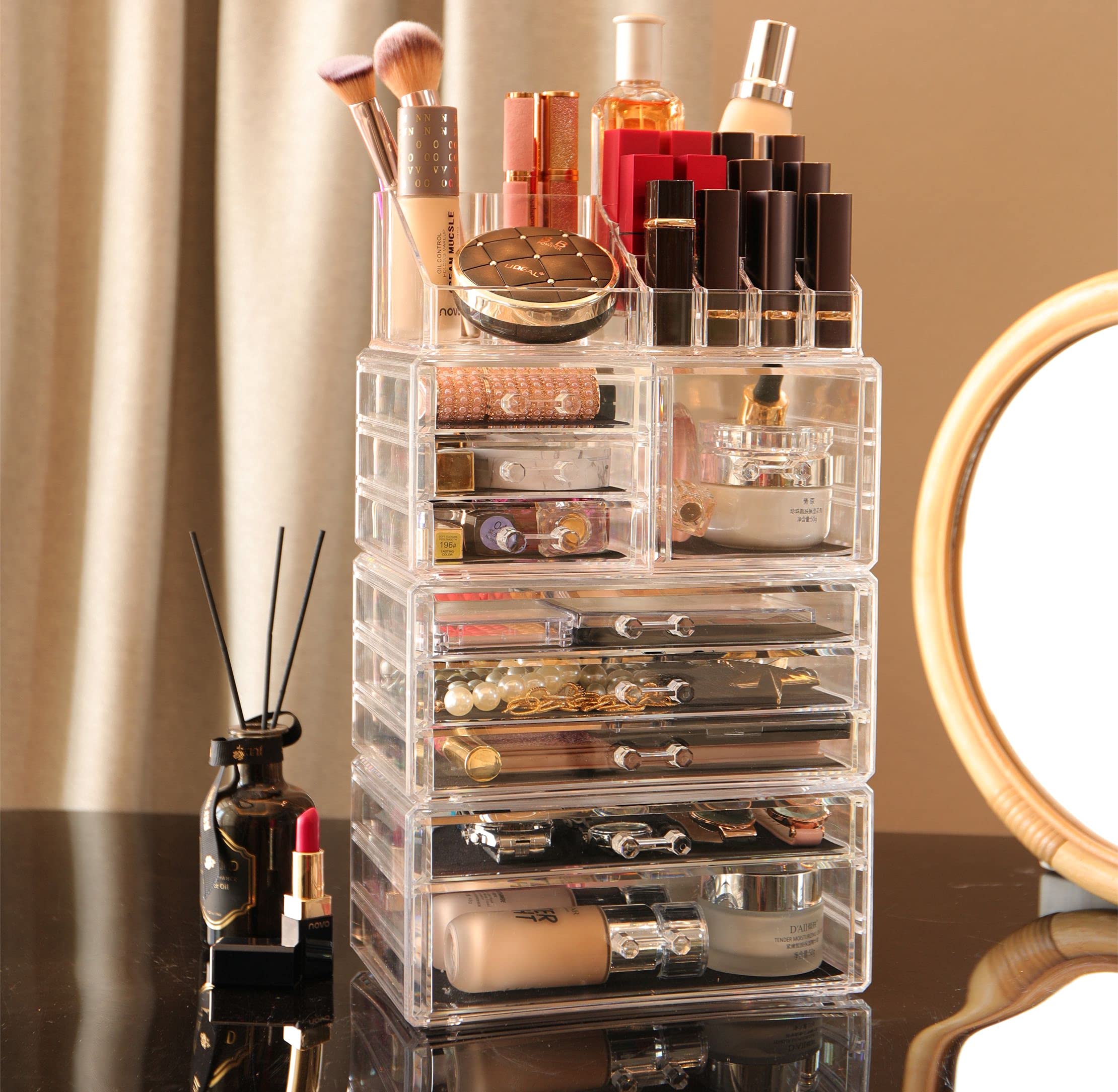 Cq acrylic Makeup Organizer Skin Care Large Clear Cosmetic Display Cases Stackable Storage Box With 9 Drawers For Vanity,Set of 4