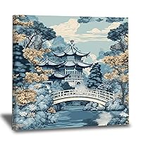 WoGuangis Aqua Teal Blue Asian Scenic Pagoda Canvas Poster Artwork Oriental Ancient Pagoda China Garden Wall Decor Hanging Poster Asian Scenic Chinoiserie Canvas Poster for Living Room 12x12in