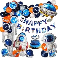 ZERODECO Outer Space Birthday Party Decorations, Navy Blue Orange Space Themed Party Supplies Happy Birthday Banner Cupcake Toppers Rocket Astronaut Balloon Garland for Boy Girl Kids Children Party