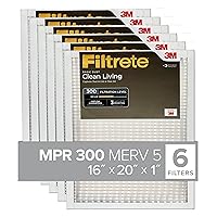 16x20x1 Air Filter, MPR 300, MERV 5, Clean Living Basic Dust 3-Month Pleated 1-Inch Air Filters, (Pack of 6)