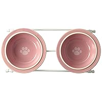 PetRageous 44355 Toftees Paws Diner with Two 1-Cup Dishwasher Safe Stoneware Bowl Capacity 10.75-Inch Length 2.25-Inch Tall for Extra Small and Small Dogs and Cats, White and Pink