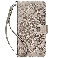 iPhone 14 Pro Case with Card Holder, Embossed Mandala Pattern PU Leather Shockproof Protective Wallet Cover for iPhone 14 Pro (Grey)