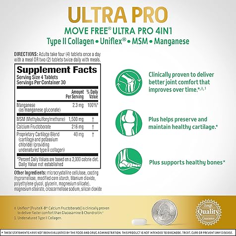 Ultra Pro with Quadruple Action Joint Support - Type 2 Collagen MSM Calcium Fructoborate & Manganese - Supports Joint Cartiliage Bone Connective Tissue, 120 Tablets (30 servings)