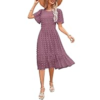 Women 2023 Summer Dress Round Neck Smocked Flutter Short Sleeve Swiss Dot Casual Midi Dress Swing Flowy Ruffle Beach Dress