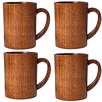 Barrel Shape Wooden Tea Cups with Handle 300ML Top-Grade Natural Solid Wood Tea Cup Wine Mug for drinking Tea Milk Coffee Wine Beer Hot Drinks, 4-Pack