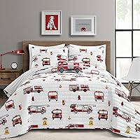 Lush Decor Fire Truck Quilt 4 Piece Set, Full/ Queen, Red & White - Reversible Stripe Print Bedding Set for Kids Room