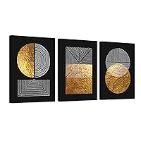 LUCCAZINI Abstract minimalist shapes geometric wall art in gold, grey and white on black background set of 3 16x24inch each panel canvas stretched on wood frame