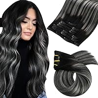 Moresoo Clip in Hair Extensions Black Ombre Grey Hair Extensions Clip in Real Human Hair Clip in Extensions Balayage Human Hair Extensions for Long Black and Silver Clip ins 7Pieces 120Grams 24inch