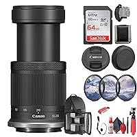 Canon RF-S 55-210mm f/5-7.1 is STM Lens (Canon RF) for Landscape, Portrait, & Travel Photos/Videos (5824C002) + 64GB Memory Card + Filter Kit + Backpack + Card Reader + Flex Tripod + More (Renewed)