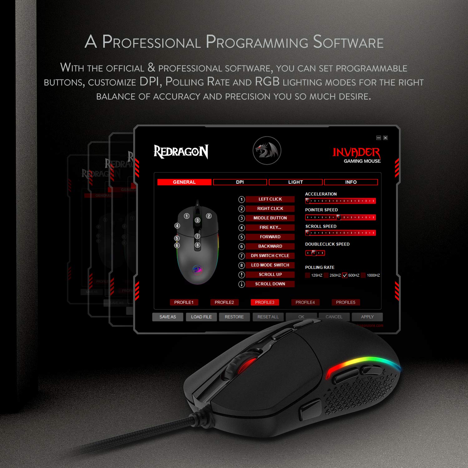 Redragon M719 Invader Wired Optical Gaming Mouse, 7 Programmable Buttons, RGB Backlit, 10,000 DPI, Ergonomic PC Computer Gaming Mice with Fire Button