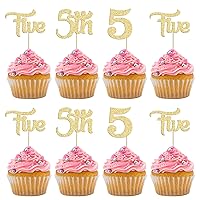 24Pcs 5th Birthday Cupcake Toppers Glitter Fifth Birthday Five Cupcake Picks for Baby Shower 5th Birthday Anniversary Party Cake Decorations Supplies Gold