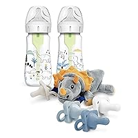 Dr. Brown’s Wide-Neck Baby Bottle Dinosaur Designer Bottles, 9 oz/270 mL, 2-Pack with HappyPaci Pacifiers and Lovey Holder, Triceratops