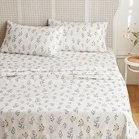 Wake In Cloud - Queen Size Bed Sheets, 4-Piece Sheet Set, Deep Pocket, Floral Shabby Chic Coquette Orange Green Blue Flower on White, Soft Microfiber Patterned Printed Bedding