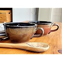 Farmhouse Style Soup Bowls with Handles Set of 2 Deep Large - Hanging Kitchen Chowder Mugs - Handmade Pottery Decor (Rust w/Black)