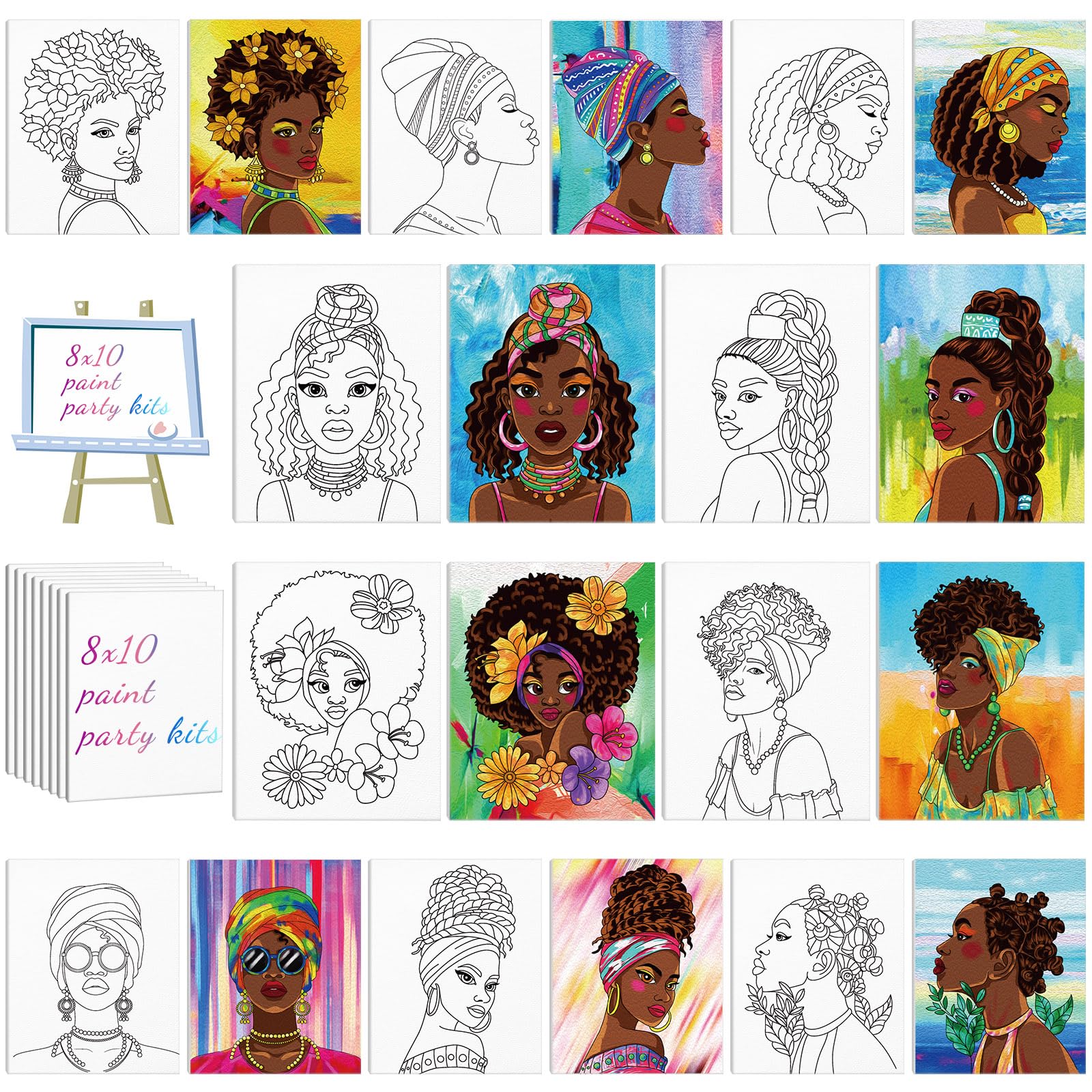 Chuangdi 10 Pcs Pre Drawn Canvas for Painting for Adults Kids 8 x 10 Inch Pre Printed Sip and Paint Party Supplies Afro Queen Stretched Outline Canvas Painting Kit for Beginner Artist DIY (Afro Queen)