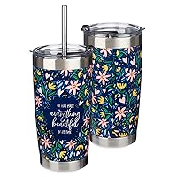 Christian Art Gifts Stainless Steel Double-Wall Vacuum Insulated Tumbler w/Straw & Lid 18 oz Navy Floral Inspirational Bible Verse Travel Mug for Women - Everything Beautiful - Ecc. 3:11