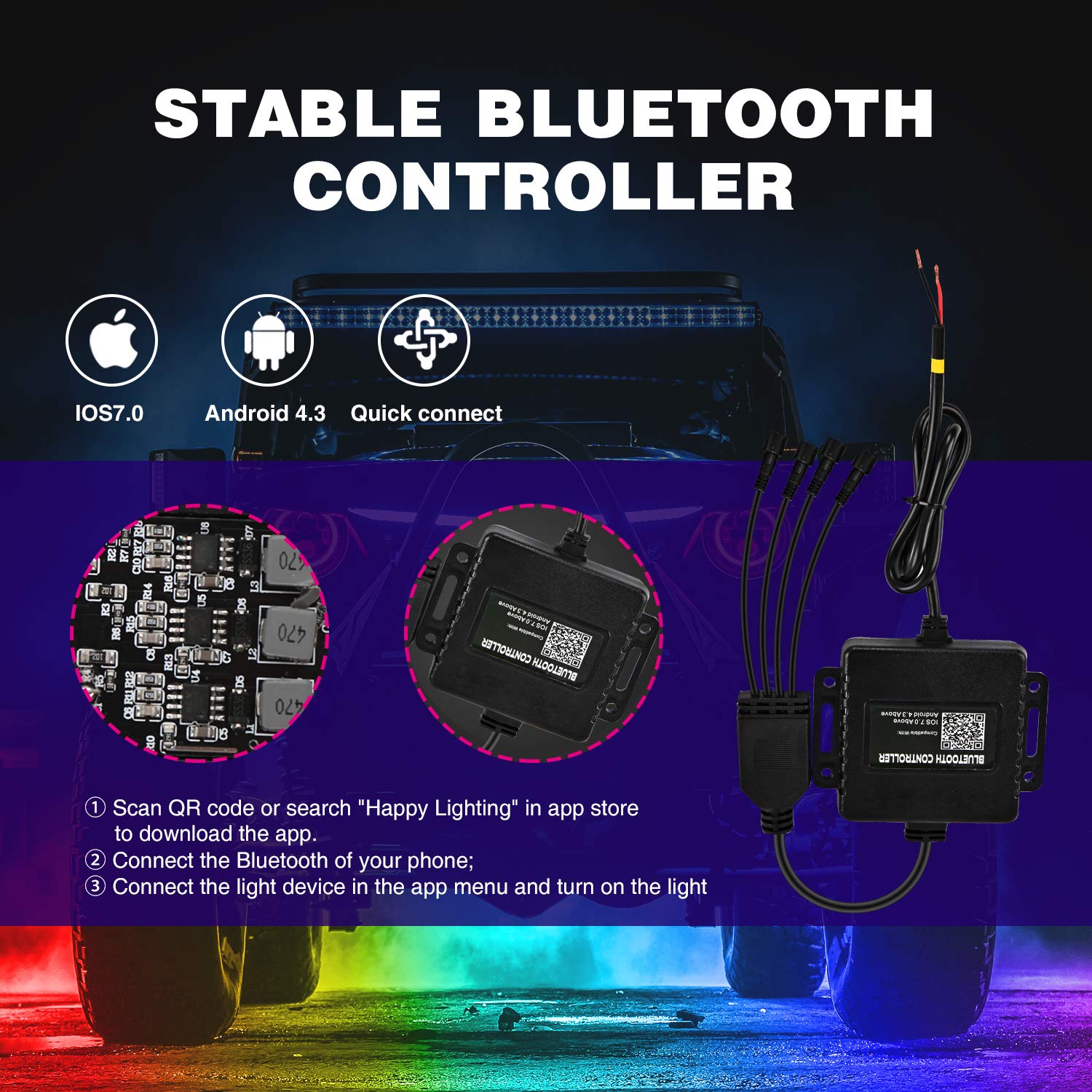 Pyle Marine ATV Powered Speakers 4.0 Wireless Bluetooth, 800 Watt & Nilight RGB LED Rock Lights Kit, 4 pods Underglow Multicolor Neon Light Pod