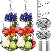 2 Pcs 3 Tier Hanging Fruit Basket 25 Inch Heavy Duty Wire Hanging Baskets Tiered Kitchen Fruit Organizer with 2 Metal Ceiling Hooks for Wall Vegetable Banana Onion Produce, Black