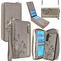 Lacass Wallet for Samsung Galaxy A15 5G, Crossbody Dual Zipper Detachable Magnetic Leather Wallet Case Cover Wristlets Wrist Strap 13 Card Slots Money Pocket (Floral Gray)