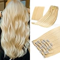 Clip in Hair Extensions Bleach Blonde For Fashion Women, 15 Inch 70g Soft Remy Human Hair, 7Pcs Thick Full Head Clip Ins