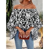 Women's Tops Shirts Sexy Tops for Women Allover Print Off Shoulder Flounce Sleeve Blouse (Color : Black and White, Size : Large)