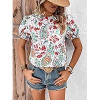 Women's Tops Shirts Sexy Tops for Women Paisley Print Mock Neck Puff Sleeve Blouse (Color : White, Size : X-Large)