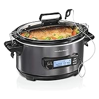 Hamilton Beach Portable 6 Quart Set & Forget Digital Programmable Slow Cooker with Lid Lock, Temperature Probe, Dishwasher Safe Crock & Lid, Black Stainless (33866)