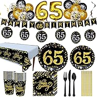 Trgowaul 65th Birthday Party Supplies - Black and Gold Disposable Dinnerware Set for 24 Guests, Paper Plates, Napkins, Cups, Forks, Knives, Spoons, Tablecloth, Straws and Balloons Decorations Banner