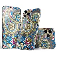 Full Body Skin Decal Wrap Kit Compatible with iPhone 15 Pro Max - Subtle Blue & Yellow Paisley Pattern