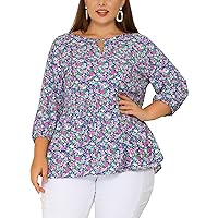 Agnes Orinda Plus Size Tops for Women Chiffon Babydoll Keyhole 3/4 Sleeves Floral Top 2024