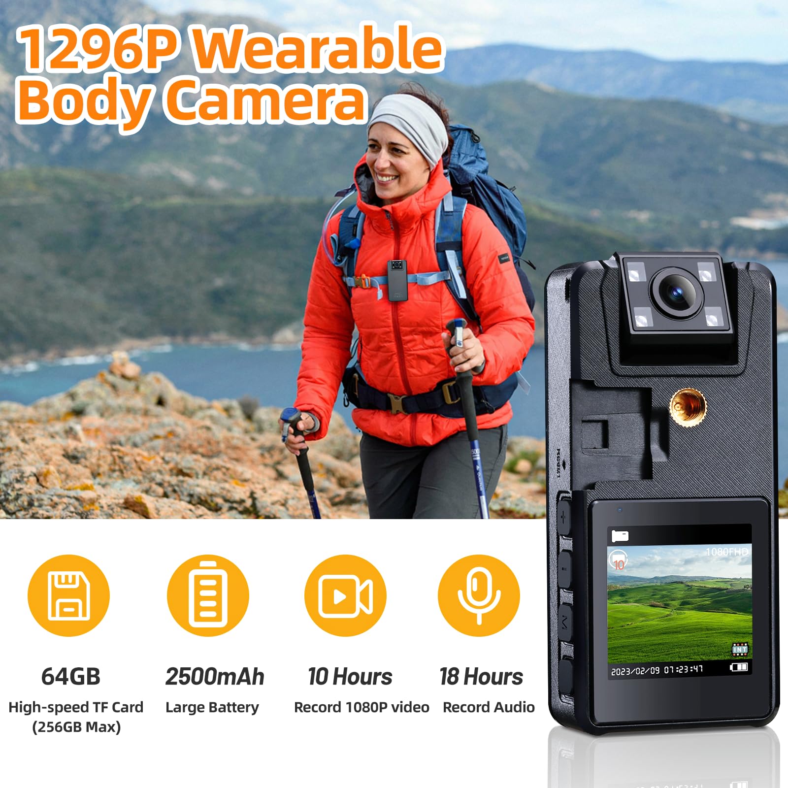 Hoestr 64GB Body Camera, 1296P Body Cam (2500mAh) with IR Night Vision, 180° Rotatable Lens and 3 Sturdy Clips, Camcorder with Audio and Video Recording, Ideal for Police Civilians Hikers Cyclists