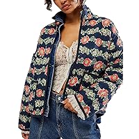 Flygo Womens Floral Quilted Puffer Jacket Dolman Long Sleeve Open Front Winter Fall Jacket Outerwear Tops(Navy-M)