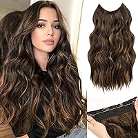 MORICA Invisible Wire Hair Extensions - 20 Inch Halo Hair Extensions Dark Brown Mixed Light Brown Long Wavy Synthetic Hairpiece with Transparent Wire Adjustable Size, 4 Secure Clips for Women