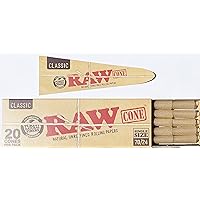 RAW Cones Single Size 70/24: 20 Pack - Mini Pre Rolled Cones Rolling Papers & Tips, Classic RAW Paper, Includes GB Tube