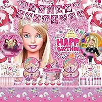 Barbi Party Decorations,126PCS Barbi Birthday Party Supplies Include Banners, Cake & Cupcake Topper, Backdrop, Invitation Cards, Tattoo Stickers, Tableware and Napkins