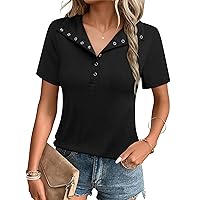 MCKOL Women's Short Sleeve Tops Casual V Neck Button Polo Shirts Summer Knit Blouses