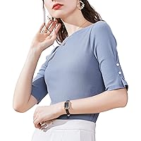 Women's Modal Tops Summer Fashion One Word Collar Puff Short Sleeve Beading Pleat Stretchy Blouses Elegant Work Shirt