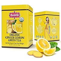 Brew La La Organic Green Tea - Natural Ginger Lemon Flavor - 50 Tea Bag Tin - Low Caffeine Tea - USDA Certified Organic
