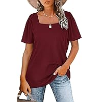 PLMOKEN Womens Summer Tops Casual Square Neck Puff Short Sleeve T Shirts Loose Fit