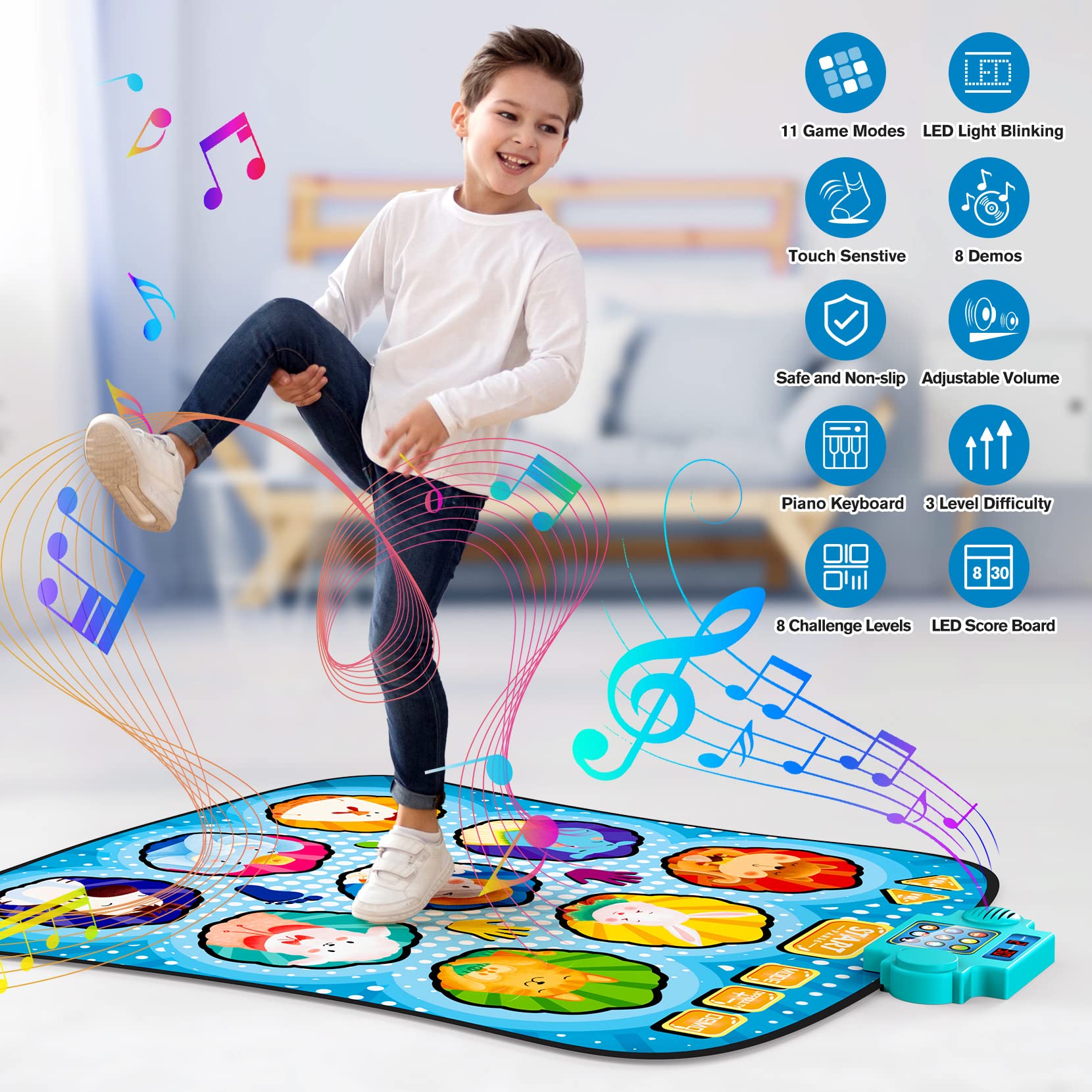 Dance Mat, Dance Floor Mat for Age 3+ Kids, 8 Challenge Levels, 9 Built-in Music, Electronic Dance Mat LED Lights, Adjustable Volume,3 Game Modes, Piano & Demonstration Mode, Foldable/Portable