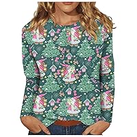 Long Sleeve T-Shirts for Women Christmas Button Down Crew Neck Shirt Loose Fit Trendy Printed Sexy Holiday Tops